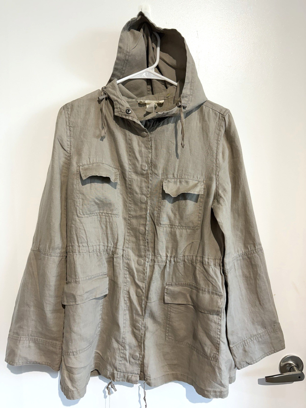 100% Linen Utility Jacket Hooded Safari Minimalist Pockets Beige Cinched Sz-M